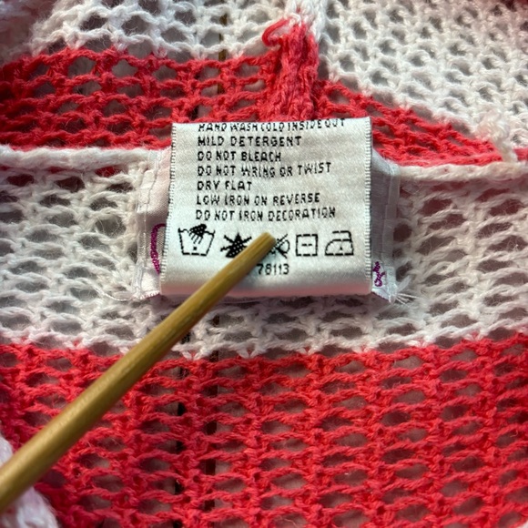 Quacker Factory Zip Up Hooded Mesh Jacket Beach Cover Up Sz L Pink White Stripe - Picture 5 of 11